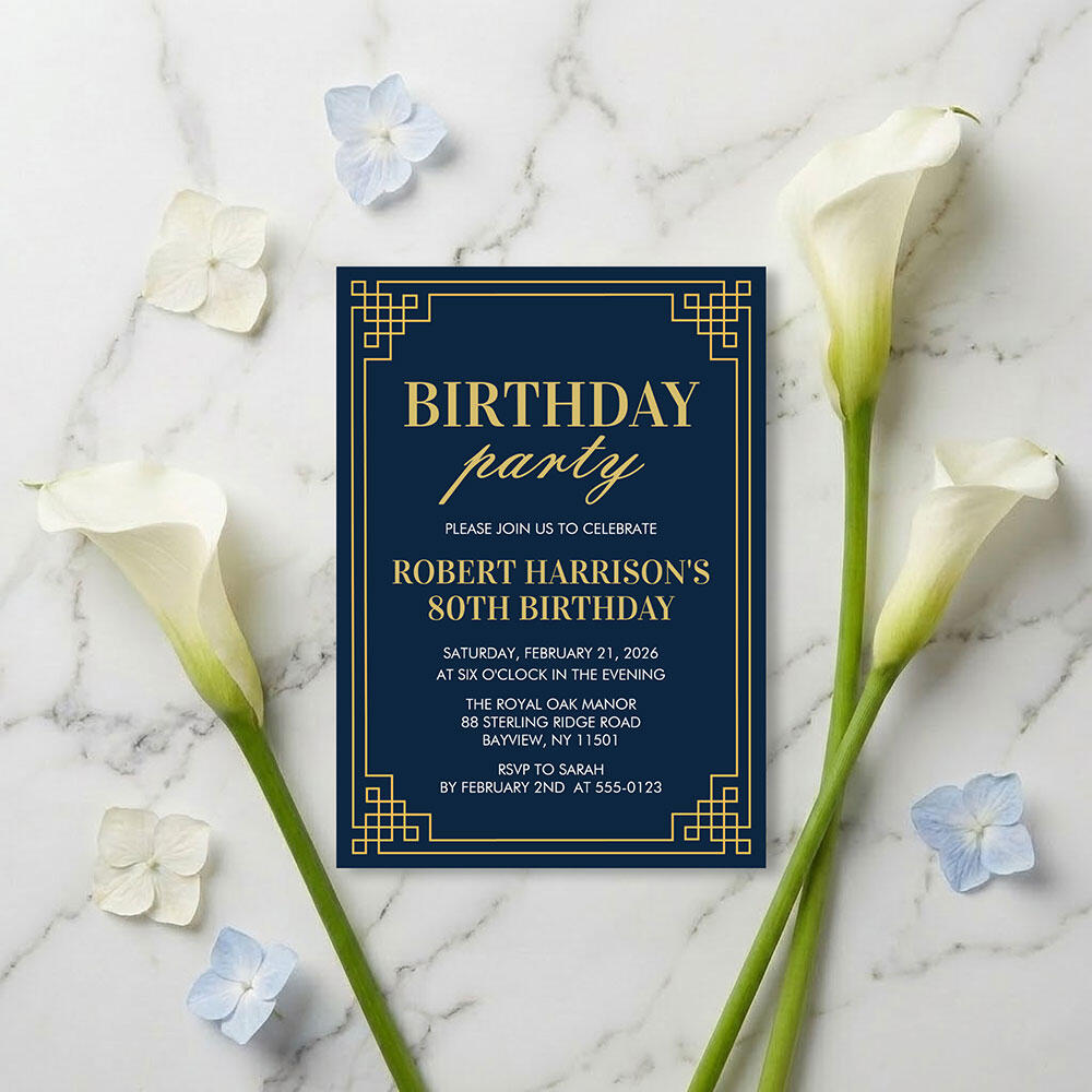 Complete 80th birthday party decor set for men, including custom wine labels, dinner menus, and welcome signs in classic navy blue and gold Art Deco style.