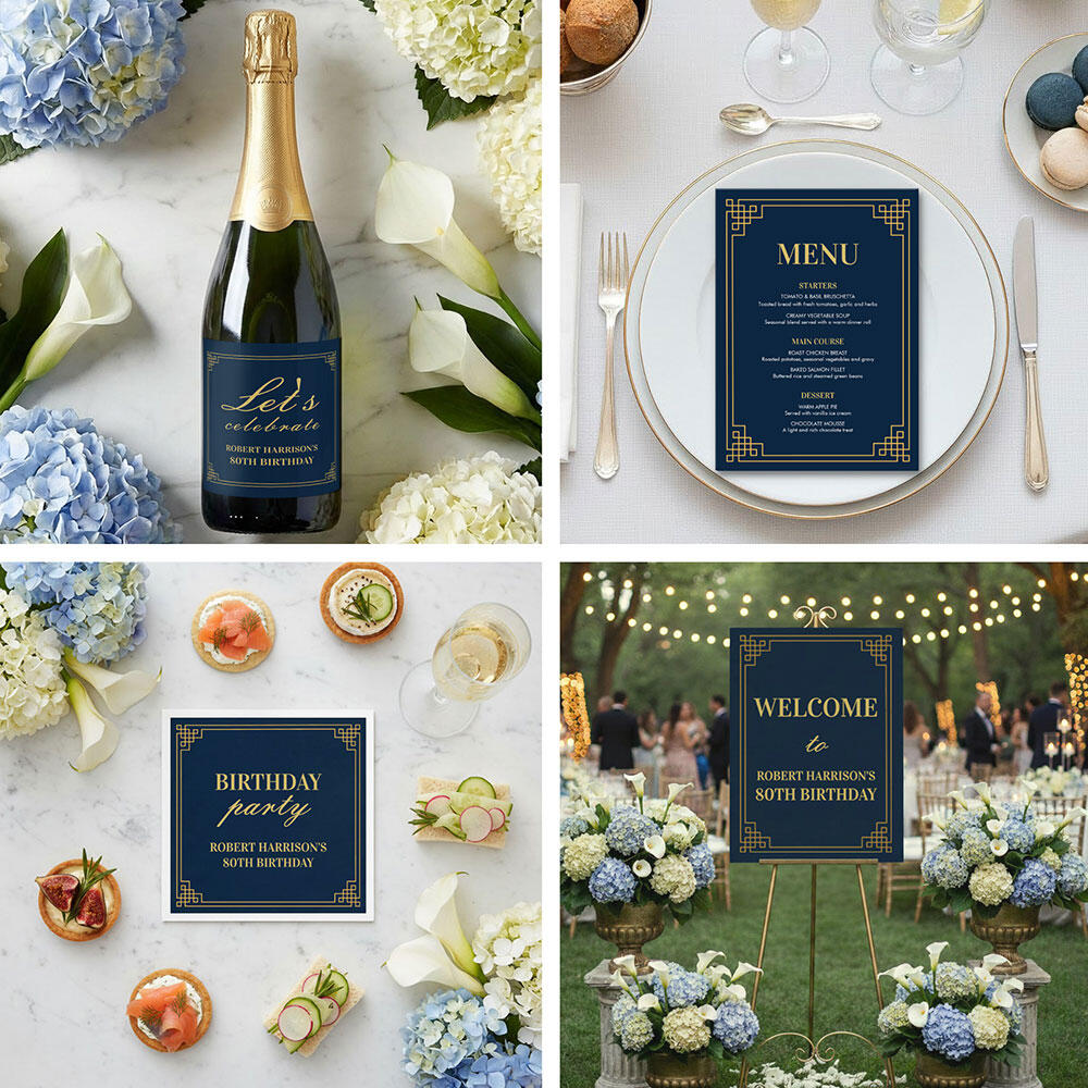 Luxury 80th birthday invitation for men, elegant navy blue and gold design, masculine Art Deco style, customizable stationery suite.